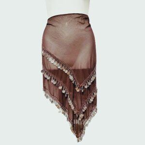 Brown Hip Scarf 3 Cascading Rows of Silver Coins Long and Wide Sheer Wrap Skirt